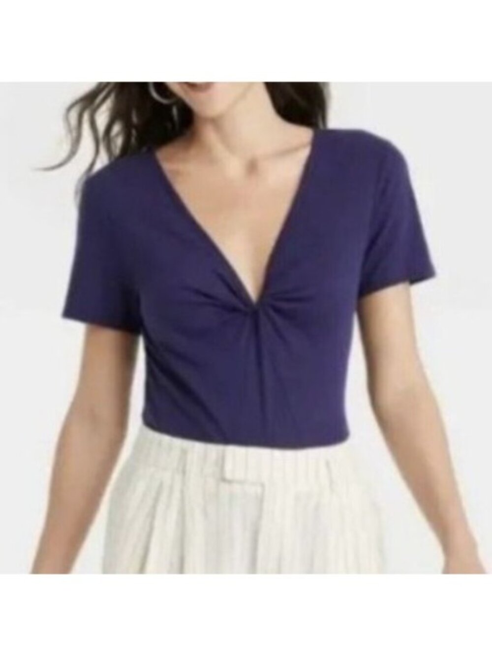 A New Day Short Sleeve V Neck Linen Tshirt Medium Purple New WOT Twist Summer